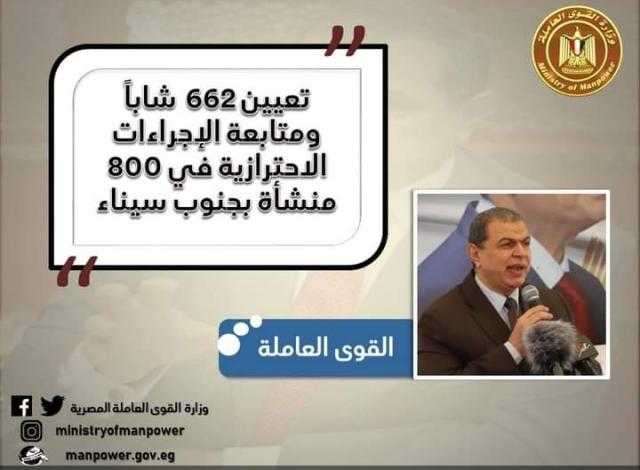 القوى العاملة: تعيين 662 شاباً ومتابعة إجراءات كورونا في 800 منشأة بجنوب سيناء
