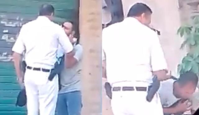 لحظة تعدي ضابط شرطة بالضرب على بائع متجول