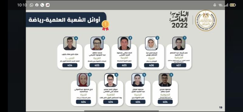 أوائل الثانوية العامة 2022 علمي رياضة 