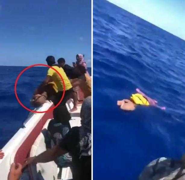 مشهد مؤلم.. أب سوري يلقي ابنه في البحر بعد وفاته عطشا أثناء محاولتهم الهجرة إلى أوروبا