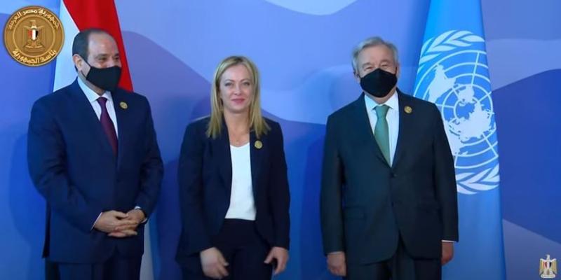 السيسي وجوتيريش يستقبلان رئيسة وزراء إيطاليا بمقر انعقاد مؤتمر المناخ.. «فيديو»