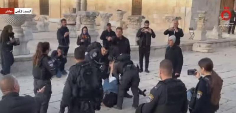 شرطة الاحتلال تعتدي على سيدة فلسطينية في باحات المسجد الأقصى.. «فيديو»