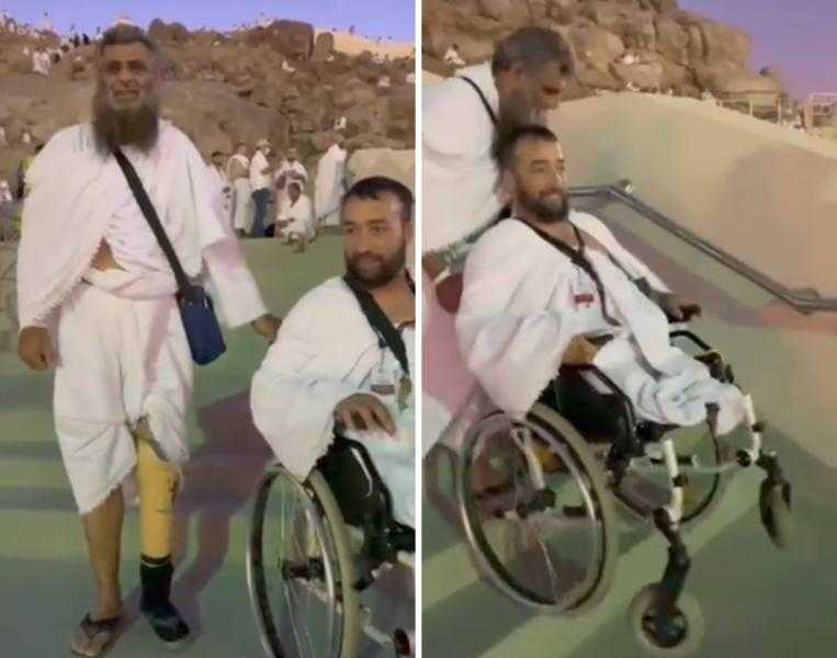 شاهد.. مقطع مؤثر لحاج معاق يساعد آخر في الصعود إلى جبل الرحمة
