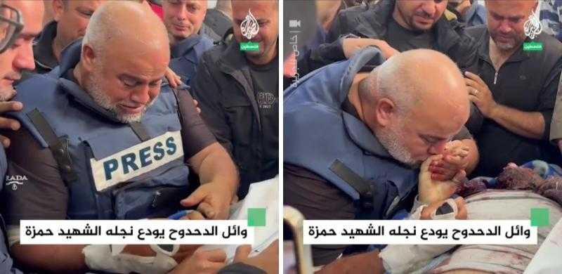 بالدموع.. شاهد لحظة وداع الصحفي وائل الدحدوح لنجله حمزة بعد استشهاده إثر قصف إسرائيلي