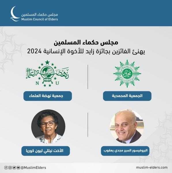مجلس حكماء المسلمين يهنئ الفائزين بجائزة زايد للأخوة الإنسانية 2024