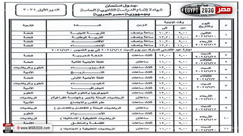 جدول امتحانات الثانوية العامة 2024