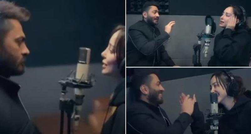 بسمة بوسيل وتامر حسني من كواليس تسجيل أغنية البدايات 