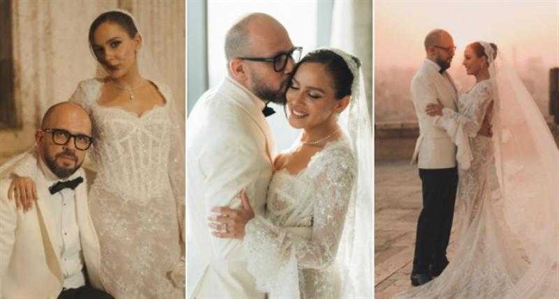 قبلة على خد العروس ورقصة رومانسية.. جلسة تصوير حفل زفاف جميلة عوض وأحمد حافظ