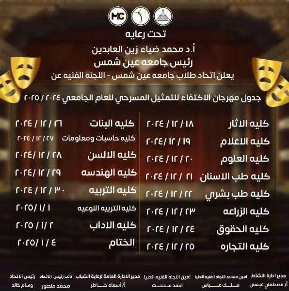 إنطلاق مهرجان الإكتفاء الذاتي للتمثيل المسرحي بمشاركة ١٥ كلية من كليات جامعة عين شمس