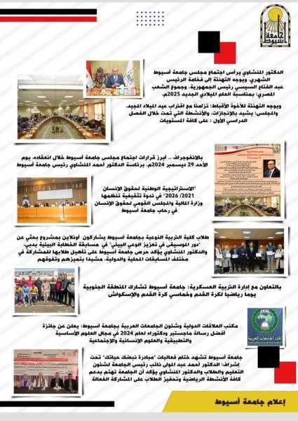 بالإنفوجراف.. حصاد جامعة أسيوط خلال أسبوع في الفترة من 27 ديسمبر 2024 حتى 2 يناير 2025