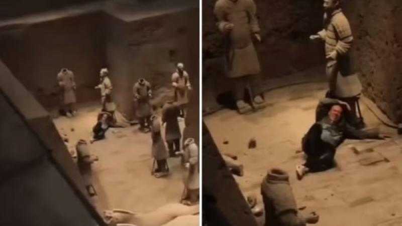 سائح يسبب أضرارًا في تمثالين من جيش الطين الصيني