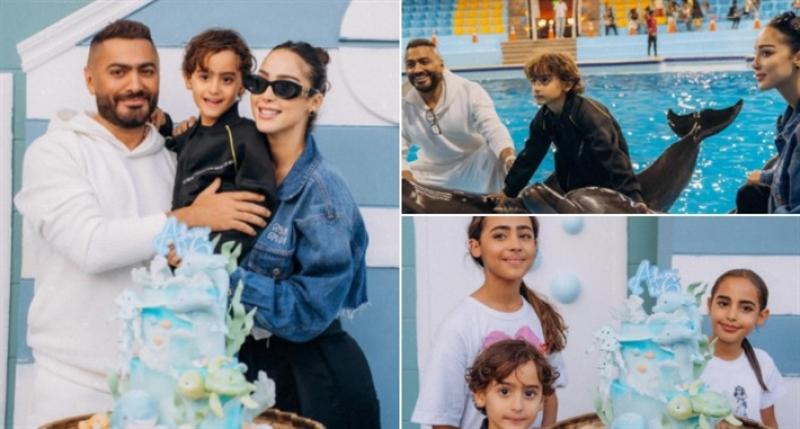 بسمة بوسيل وتامر حسني وابنهما آدم