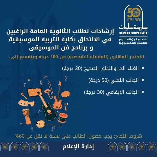 جامعة حلوان تنشر إرشادات هامة لطلاب الثانوية العامة الراغبين في الالتحاق بكلية التربية الموسيقية لعام 2025