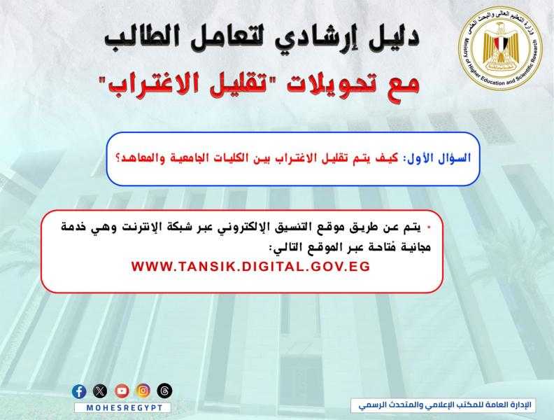 التعليم العالي تنشر انفوجراف لتوعية الطلاب بكيفية إجراء التحويل تقليل الاغتراب بالتنسيق الإلكتروني لطلاب الثانوية العامة في سؤال وجواب