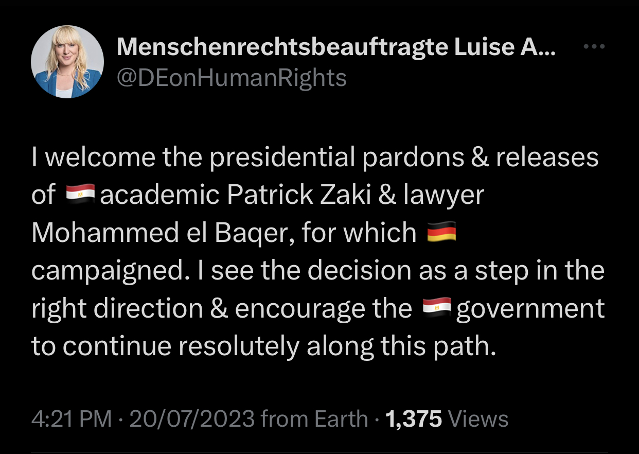 ألمانيا تشيد بالعفو الرئاسي عن باتريك زكي ومحمد الباقر