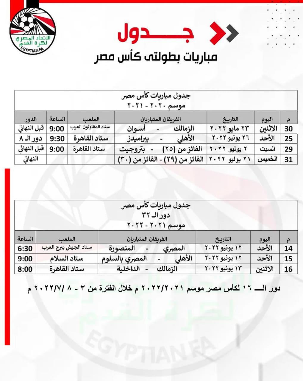 جدول مباريات كأس مصر دور 8